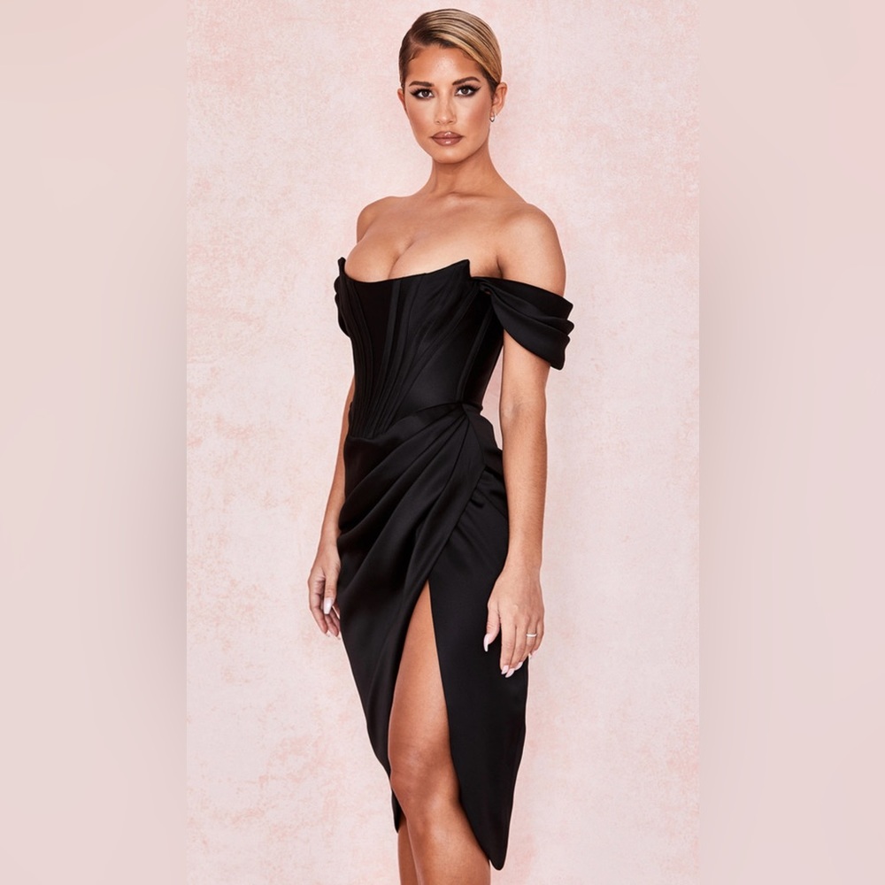 House Of Cb Loretta Dress Off Shoulder Satin Black Si… Gem